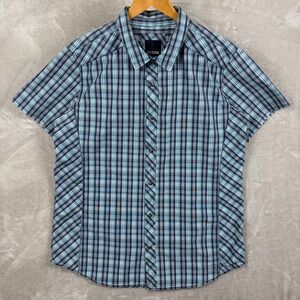 Prana Shirt Mens Sz XL Plaid Short Sleeve Blue Pearl Snap Buttons Summer Casual